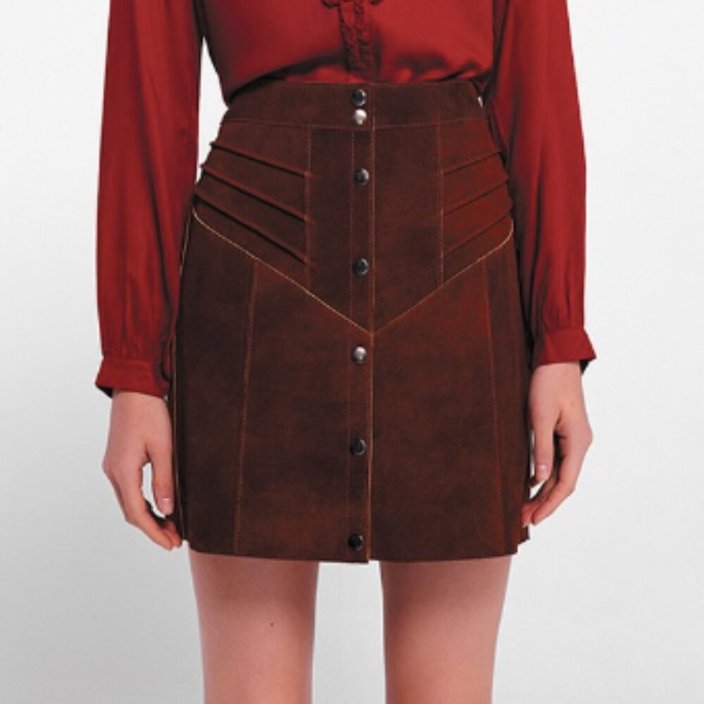 Les Petites Paris 70s Rust Brown Suede Snap Front Ribbed Seams Mini Skirt 29"